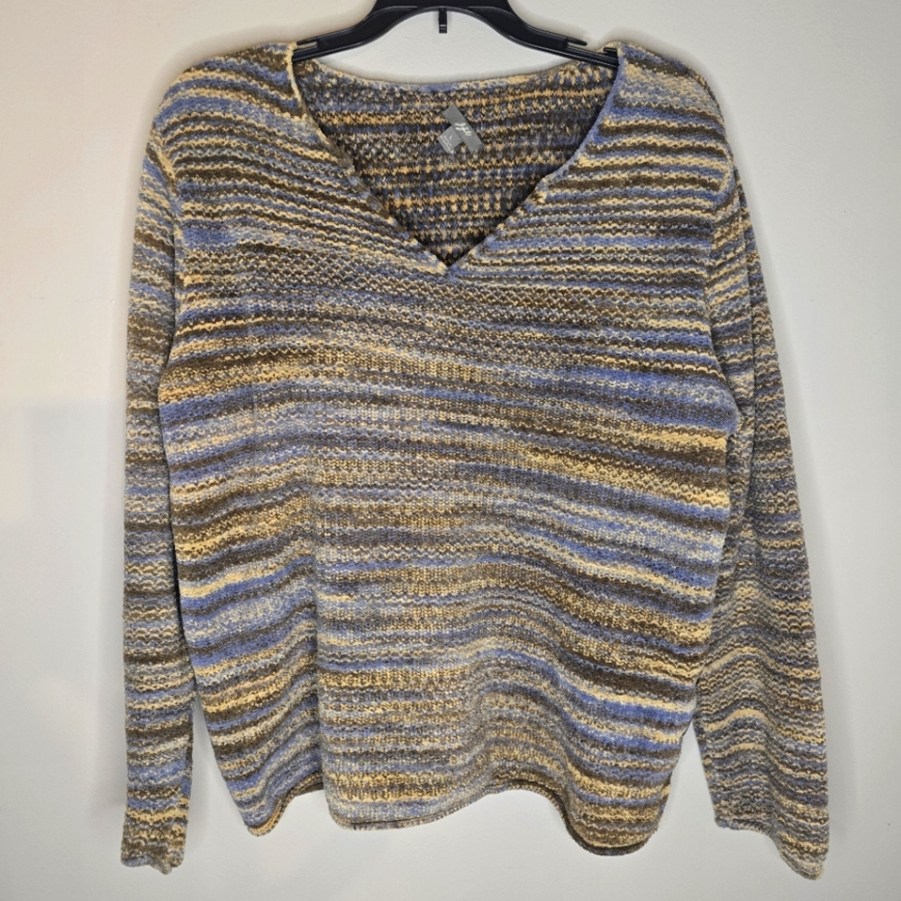 J. Jill Split V Neck Blue And Tan Knit Buttery Soft Cozy Pullover Sweater Large